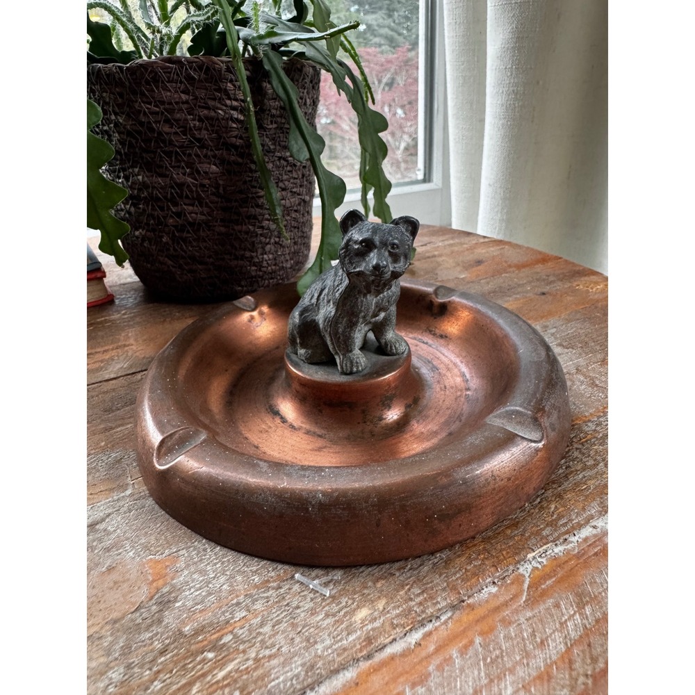 Vintage Copper Bear Ashtray Rustic Cabin Lodge Decor Cast Metal Figurine 5.5"